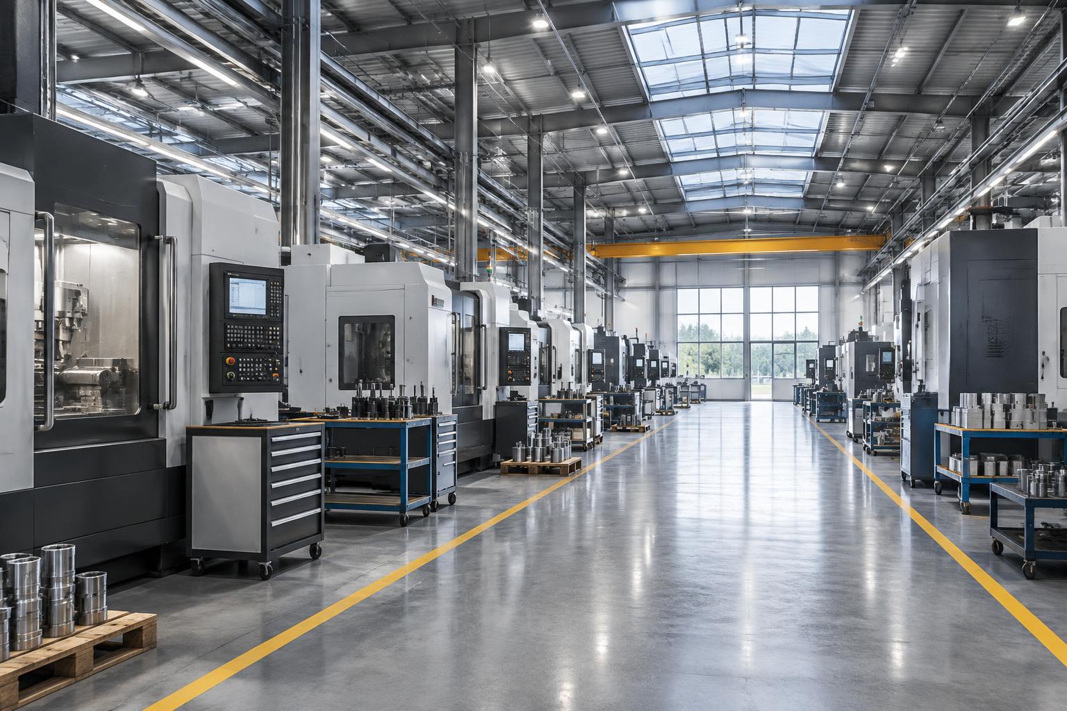 Illustrative image: modern manufacturing hall with rows of CNC machining centres