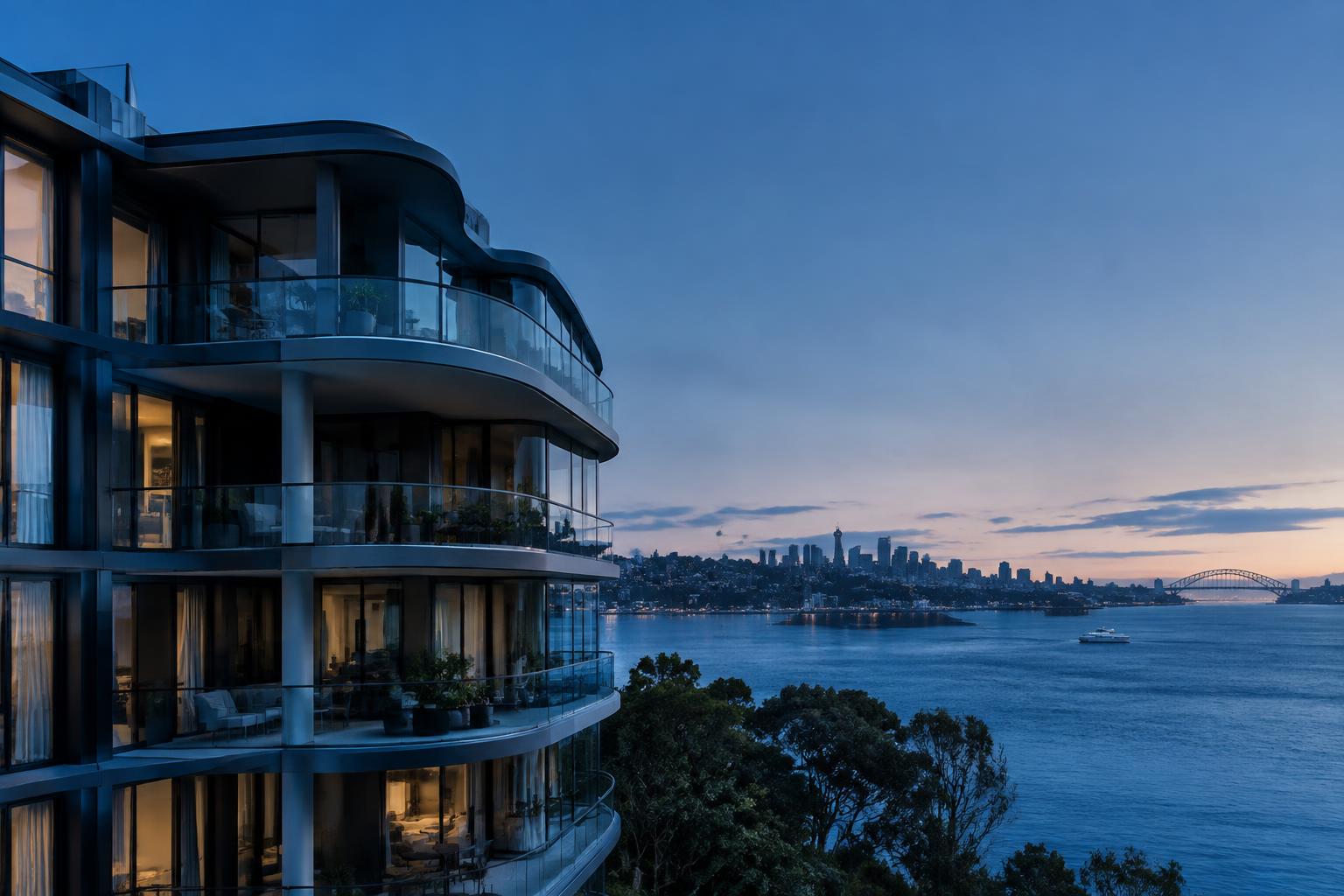 Illustrative image: modern harbourside apartment building at dusk