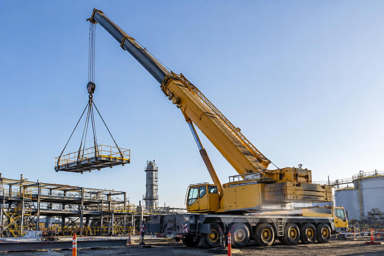 Illustrative image: large mobile crane lifting steelwork at an industrial construction site